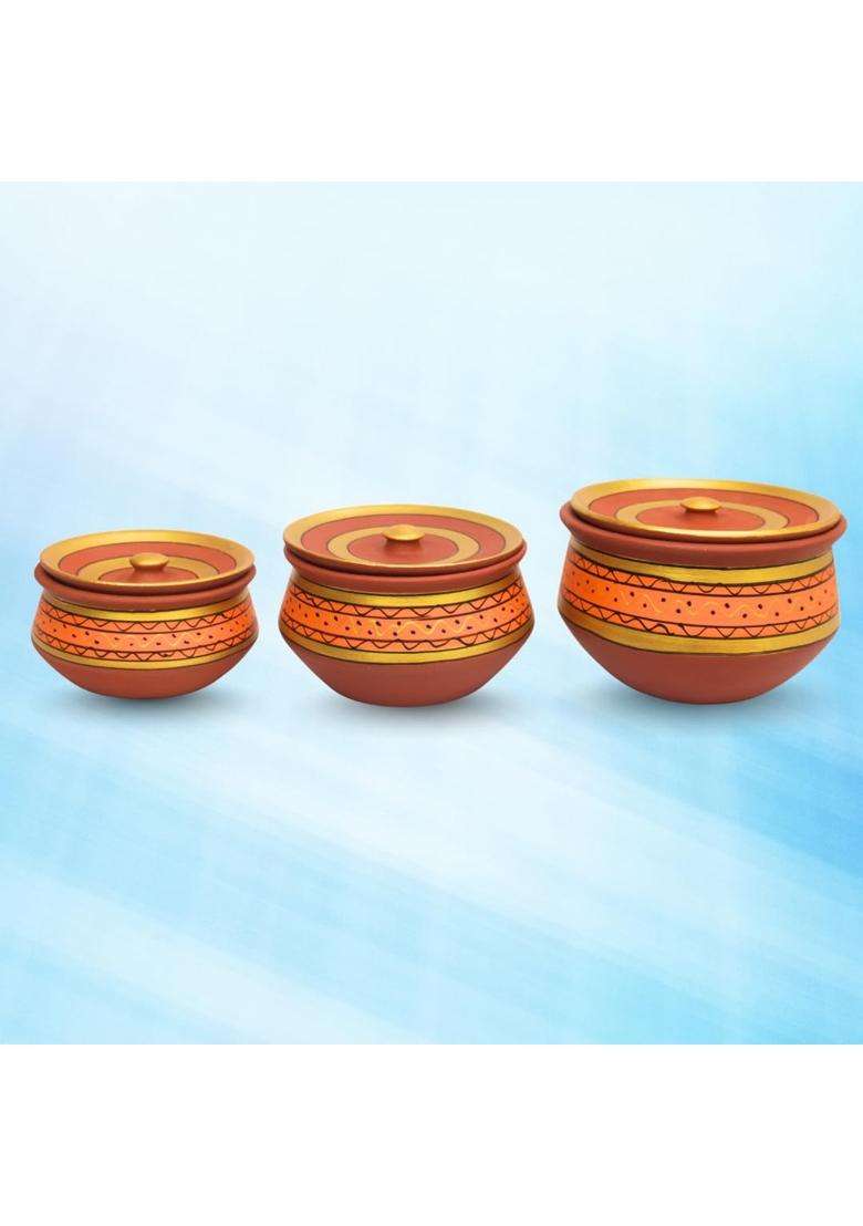 Terra Charms Painted Round Clay Handi Cooking Pot | 3-Piece Set | Handcrafted | With Lid - Indya
