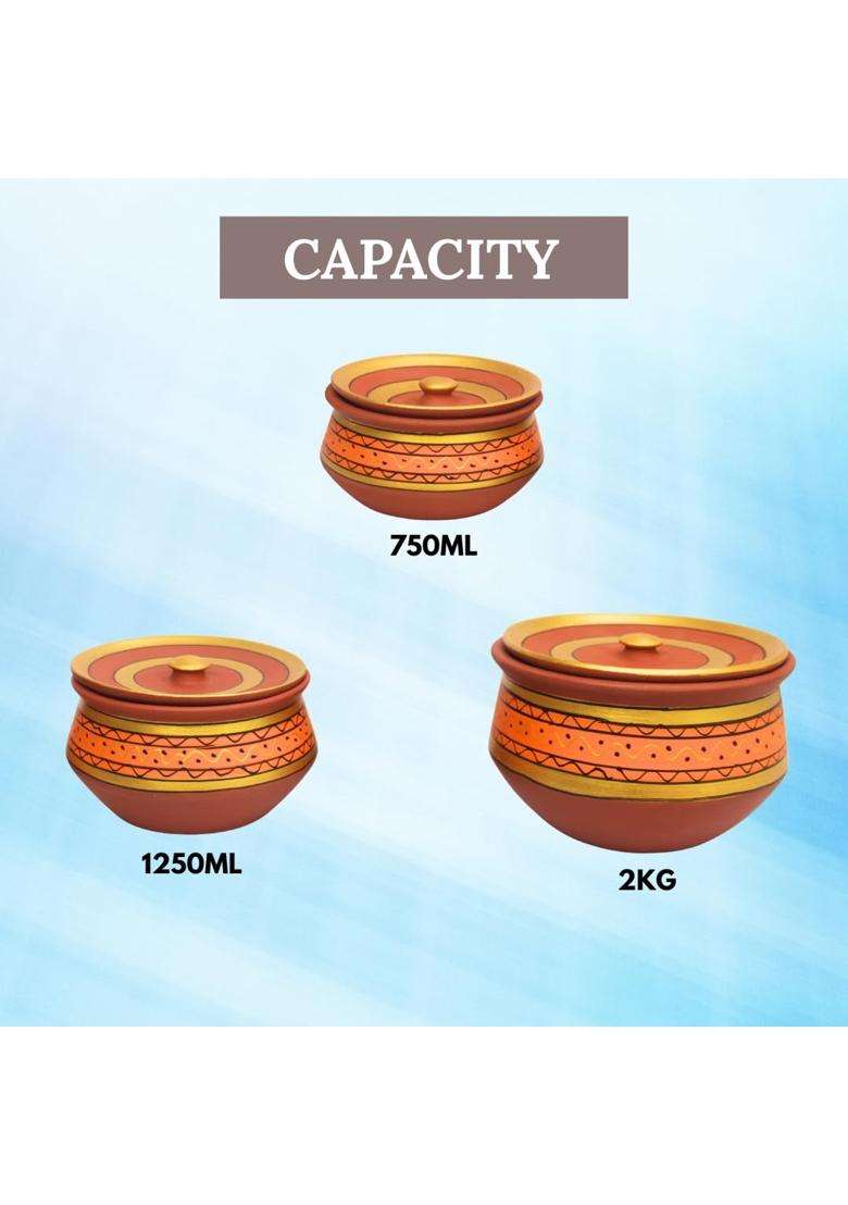 Terra Charms Painted Round Clay Handi Cooking Pot | 3-Piece Set | Handcrafted | With Lid - Indya