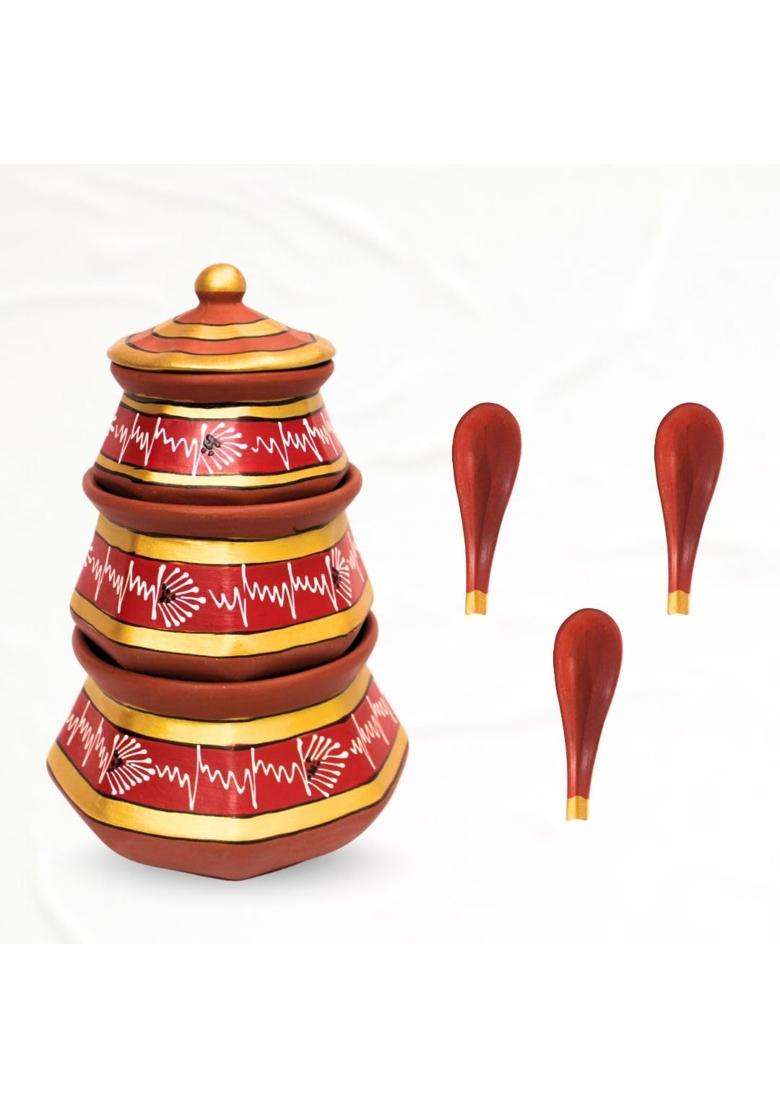 Terra Charms Red Clay Pehel Handi Cooking Pot with Spoon | 1.5 L | 1.6 Qt | 3-Piece Set | Handcrafted - Indya