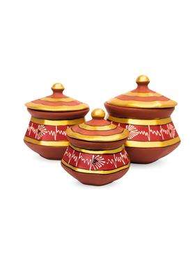 Terra Charms Red Clay Pehel Handi Cooking Pot with Spoon | 1.5 L | 1.6 Qt | 3-Piece Set | Handcrafted