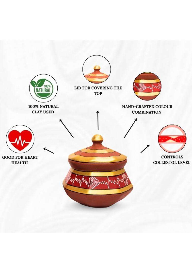 Terra Charms Red Clay Pehel Handi Cooking Pot with Spoon | 1.5 L | 1.6 Qt | 3-Piece Set | Handcrafted - Indya