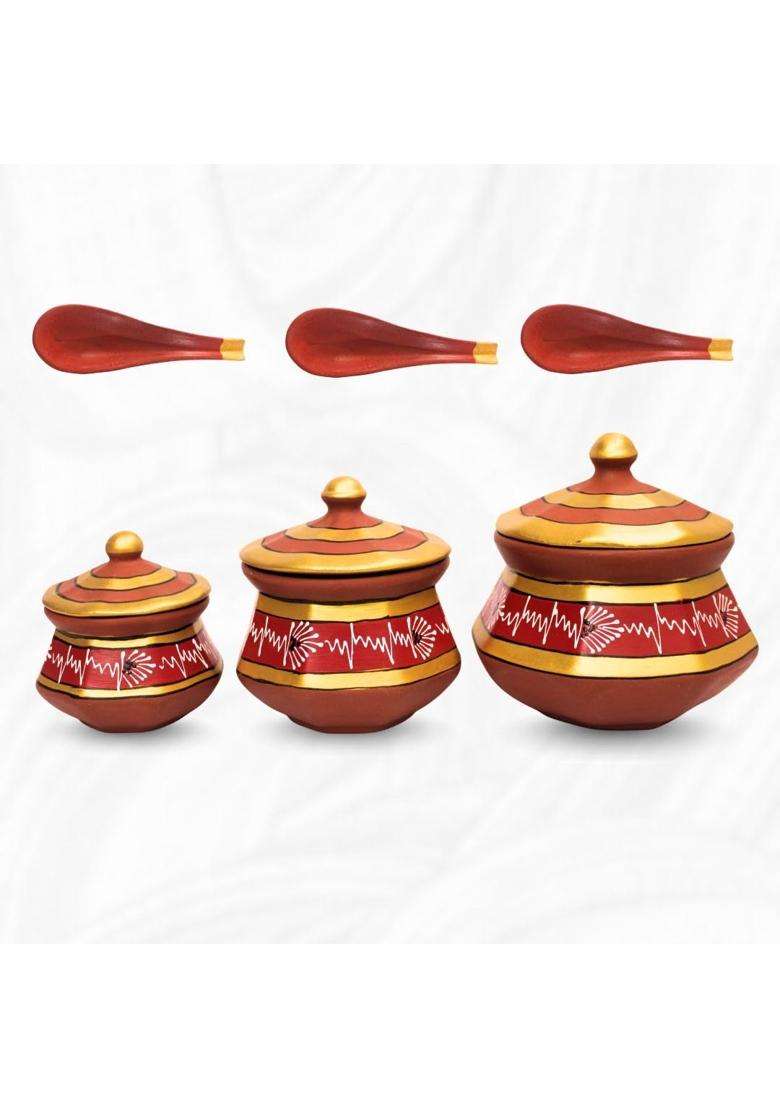 Terra Charms Red Clay Pehel Handi Cooking Pot with Spoon | 1.5 L | 1.6 Qt | 3-Piece Set | Handcrafted - Indya