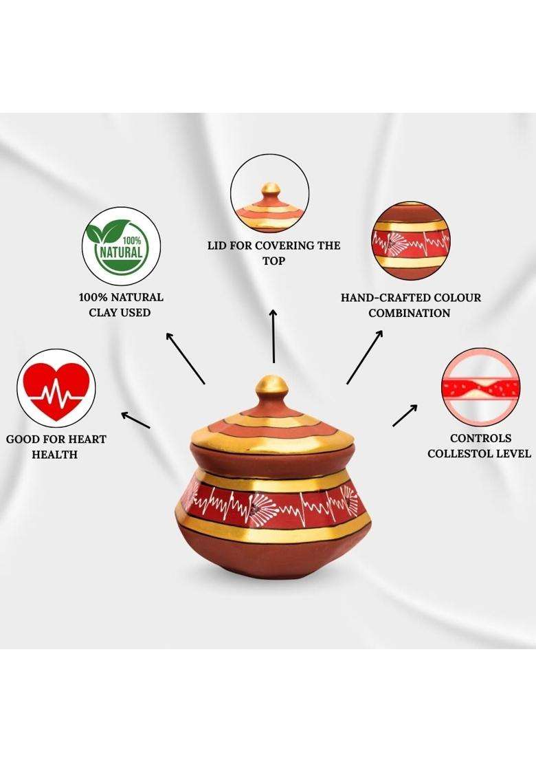 Terra Charms Red Clay Pehel Handi Cooking Pot with Spoon | 1.5 L | 1.6 Qt | 3-Piece Set | Handcrafted - Indya