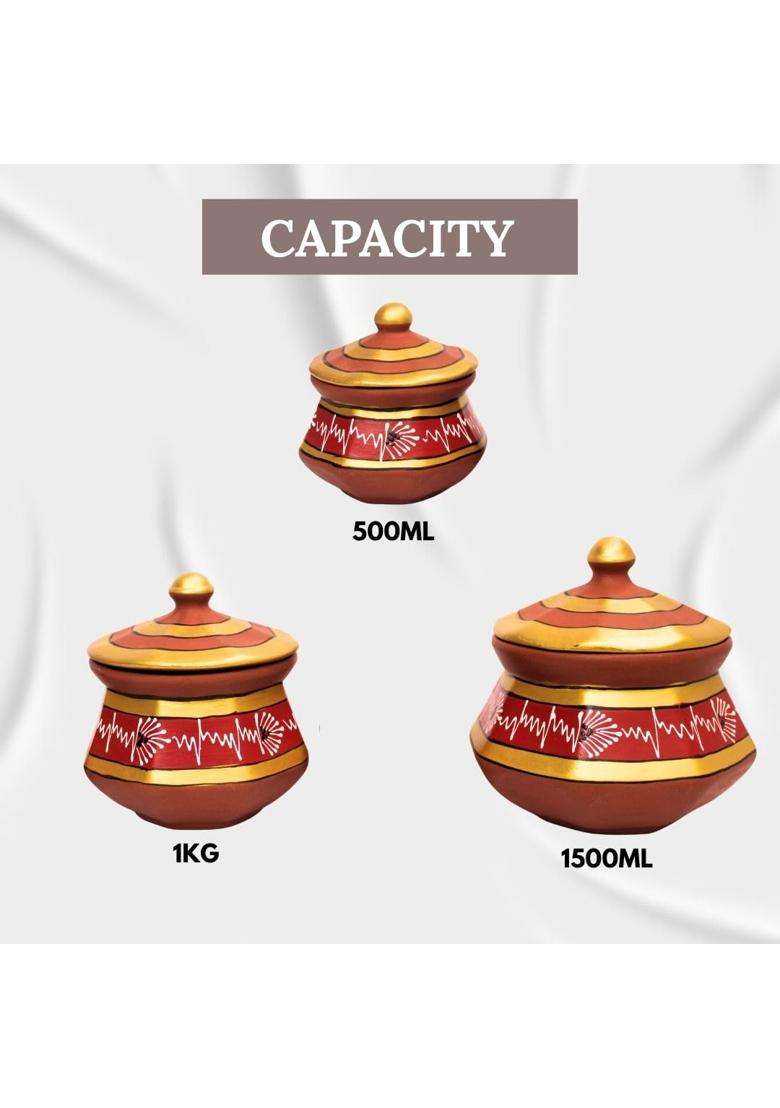 Terra Charms Red Clay Pehel Handi Cooking Pot with Spoon | 1.5 L | 1.6 Qt | 3-Piece Set | Handcrafted - Indya