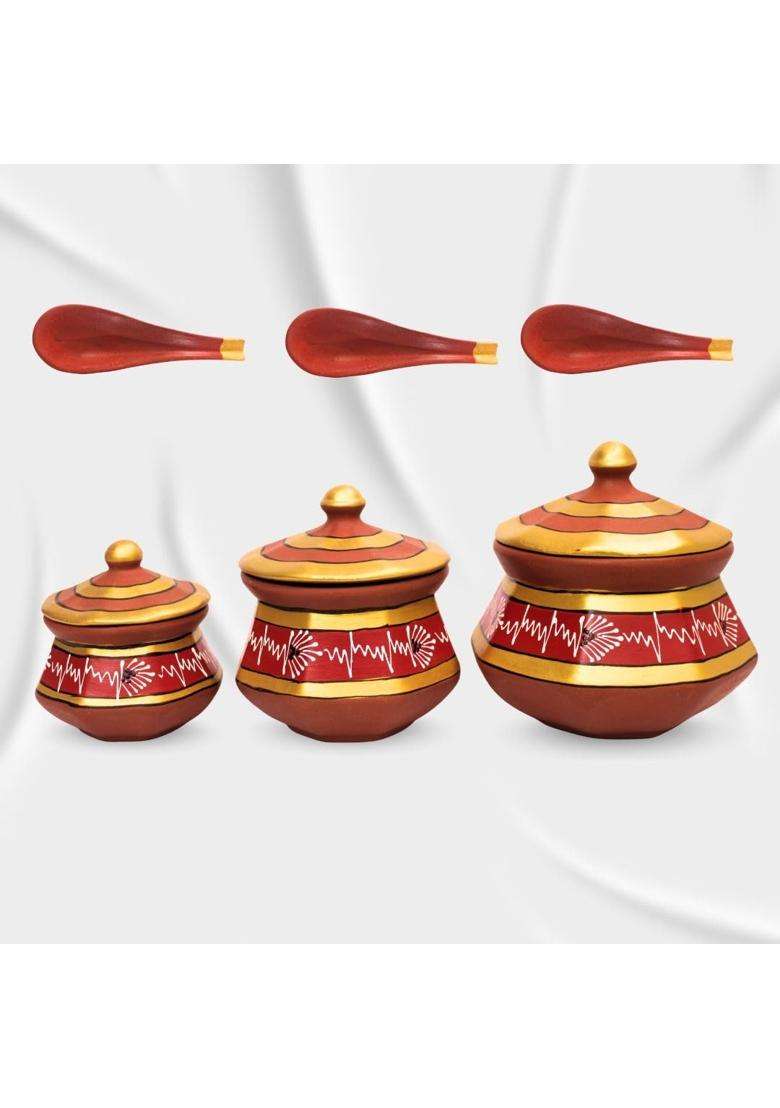 Terra Charms Red Clay Pehel Handi Cooking Pot with Spoon | 1.5 L | 1.6 Qt | 3-Piece Set | Handcrafted - Indya