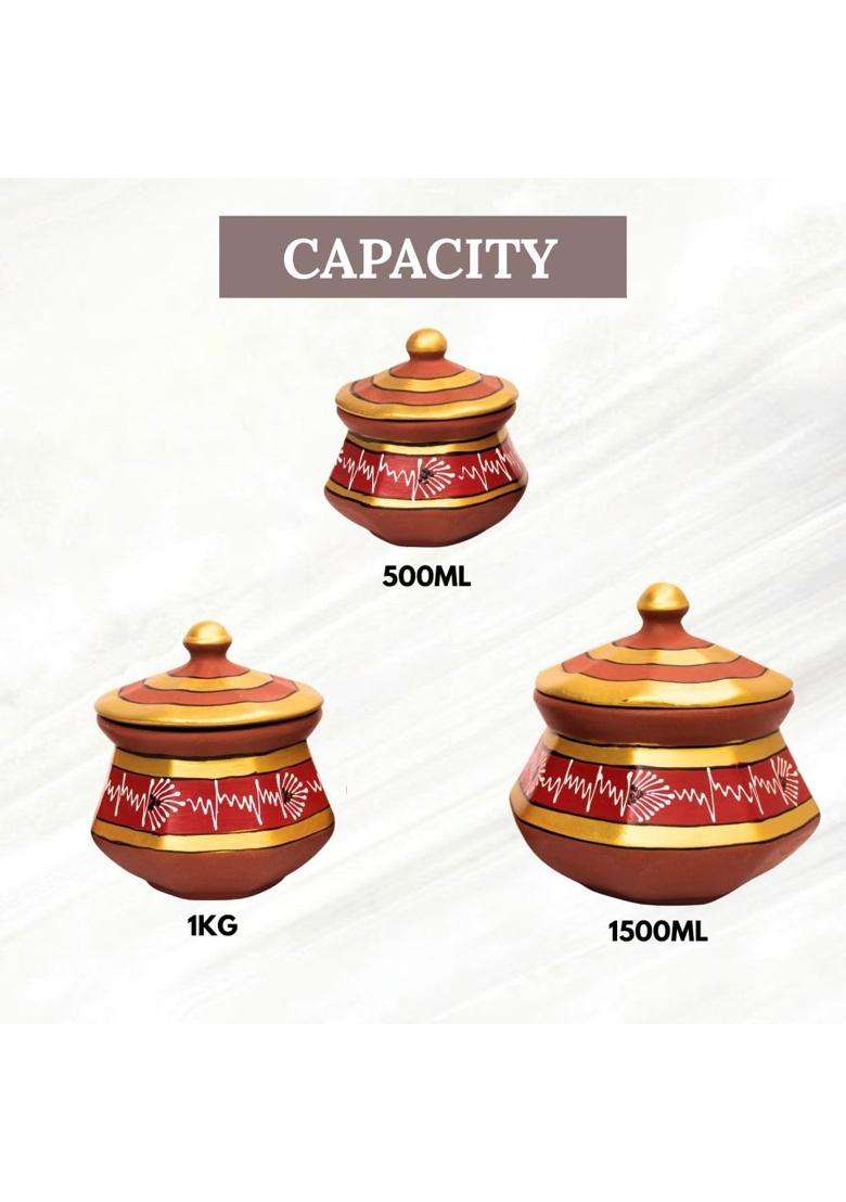 Terra Charms Red Clay Pehel Handi Cooking Pot | 1.5 L | 1.6 Qt | 3-Piece Set | Handcrafted - Indya