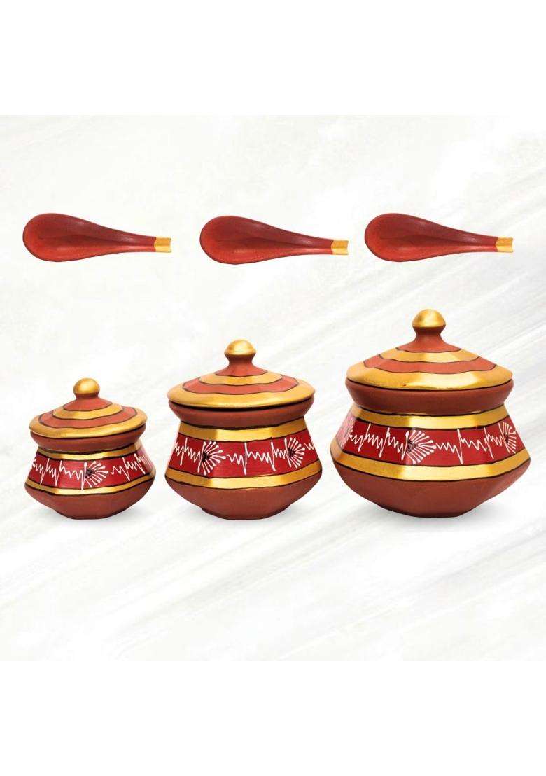 Terra Charms Red Clay Pehel Handi Cooking Pot | 1.5 L | 1.6 Qt | 3-Piece Set | Handcrafted - Indya