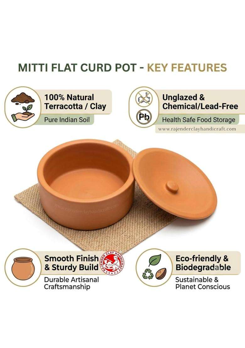 RAJENDER CLAY HANDICRAFT Handmade Terracotta Flat Curd Pot | 1 L | 1.1 Qt | Non-Toxic - Indya