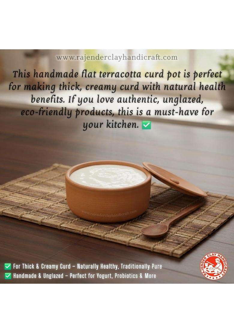 RAJENDER CLAY HANDICRAFT Handmade Terracotta Flat Curd Pot | 1 L | 1.1 Qt | Non-Toxic - Indya