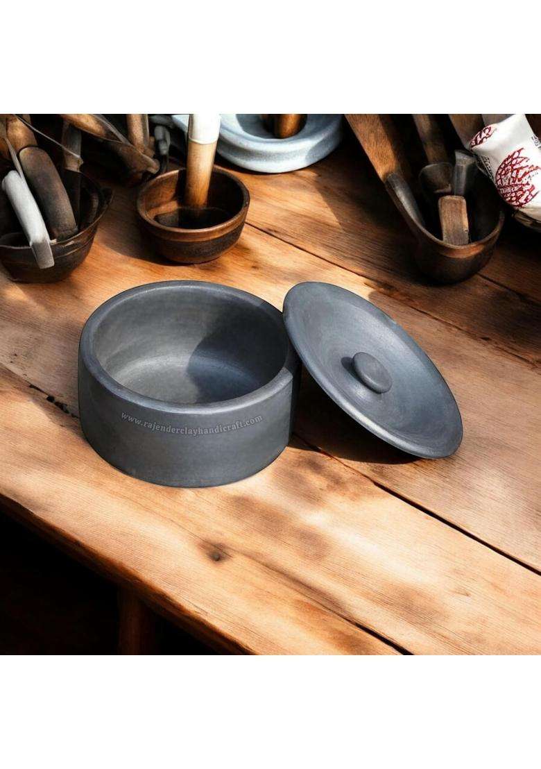 RAJENDER CLAY HANDICRAFT Handcrafted Black Mitti Flat Curd Pot | 1 L | 1.1 Qt | Non-Toxic - Indya