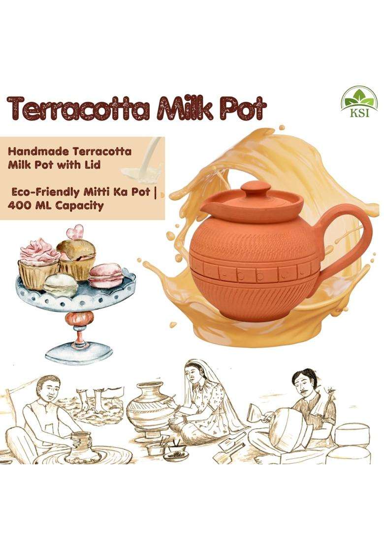 KSI Handmade Terracotta Clay Milk Pot with Lid | 400 ml | 13.5 fl oz | Non-Toxic - Indya