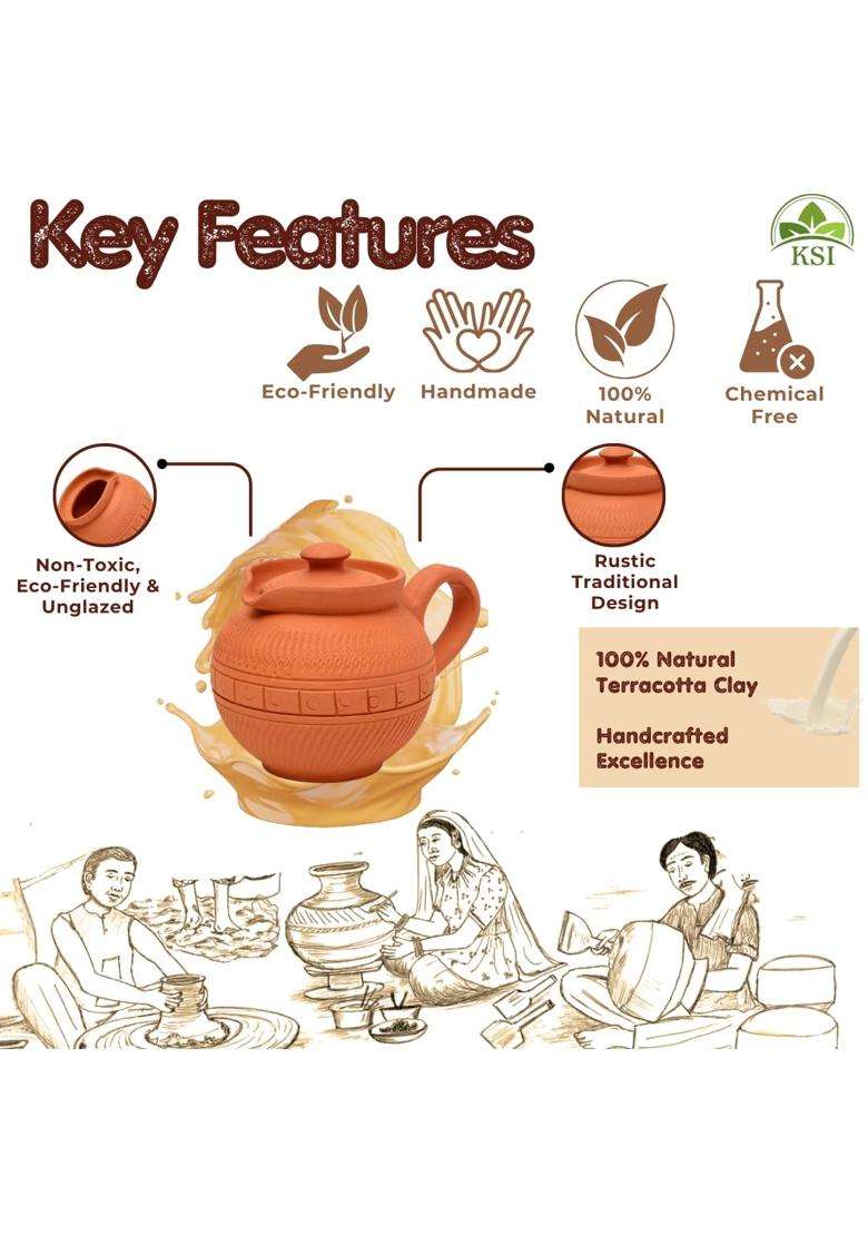 KSI Handmade Terracotta Clay Milk Pot with Lid | 400 ml | 13.5 fl oz | Non-Toxic - Indya