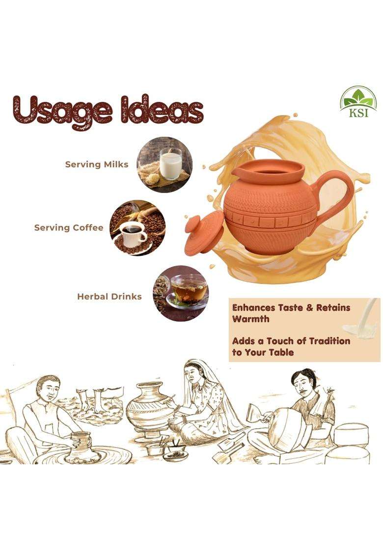 KSI Handmade Terracotta Clay Milk Pot with Lid | 400 ml | 13.5 fl oz | Non-Toxic - Indya