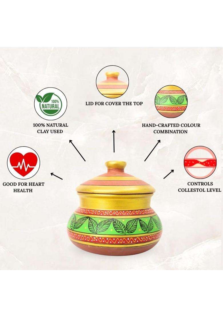 Terra Charms Green Clay Daal Handi Cooking Pot with Lid | 2.5 L | 2.6 Qt - Indya
