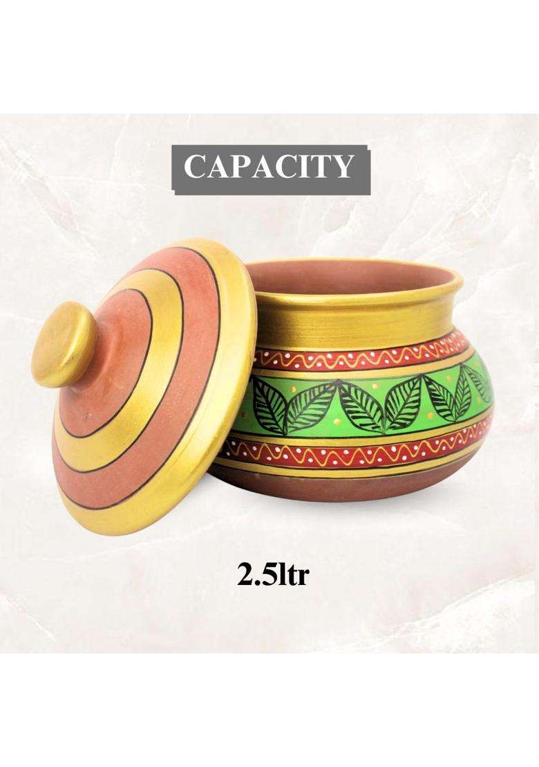 Terra Charms Green Clay Daal Handi Cooking Pot with Lid | 2.5 L | 2.6 Qt - Indya