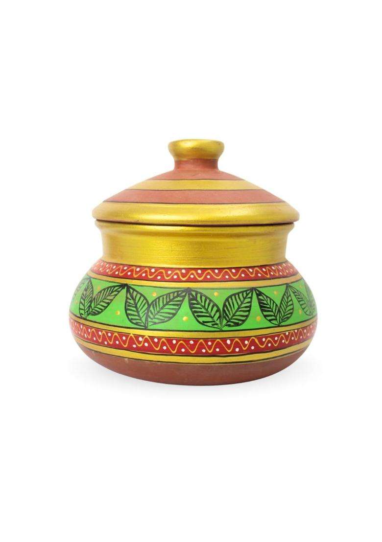 Terra Charms Green Clay Daal Handi with Painted Finish | 2.5 L | 2.6 Qt | Handcrafted | With Lid - Indya