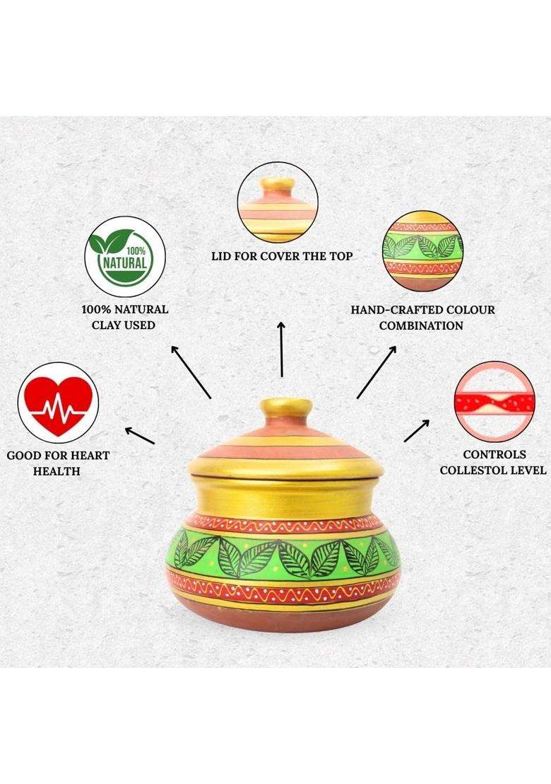 Terra Charms Green Clay Daal Handi with Painted Finish | 2.5 L | 2.6 Qt | Handcrafted | With Lid - Indya