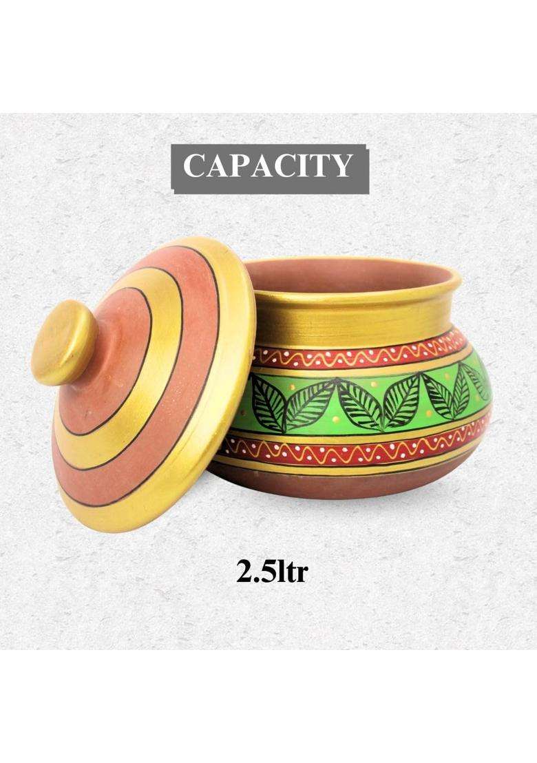 Terra Charms Green Clay Daal Handi with Painted Finish | 2.5 L | 2.6 Qt | Handcrafted | With Lid - Indya
