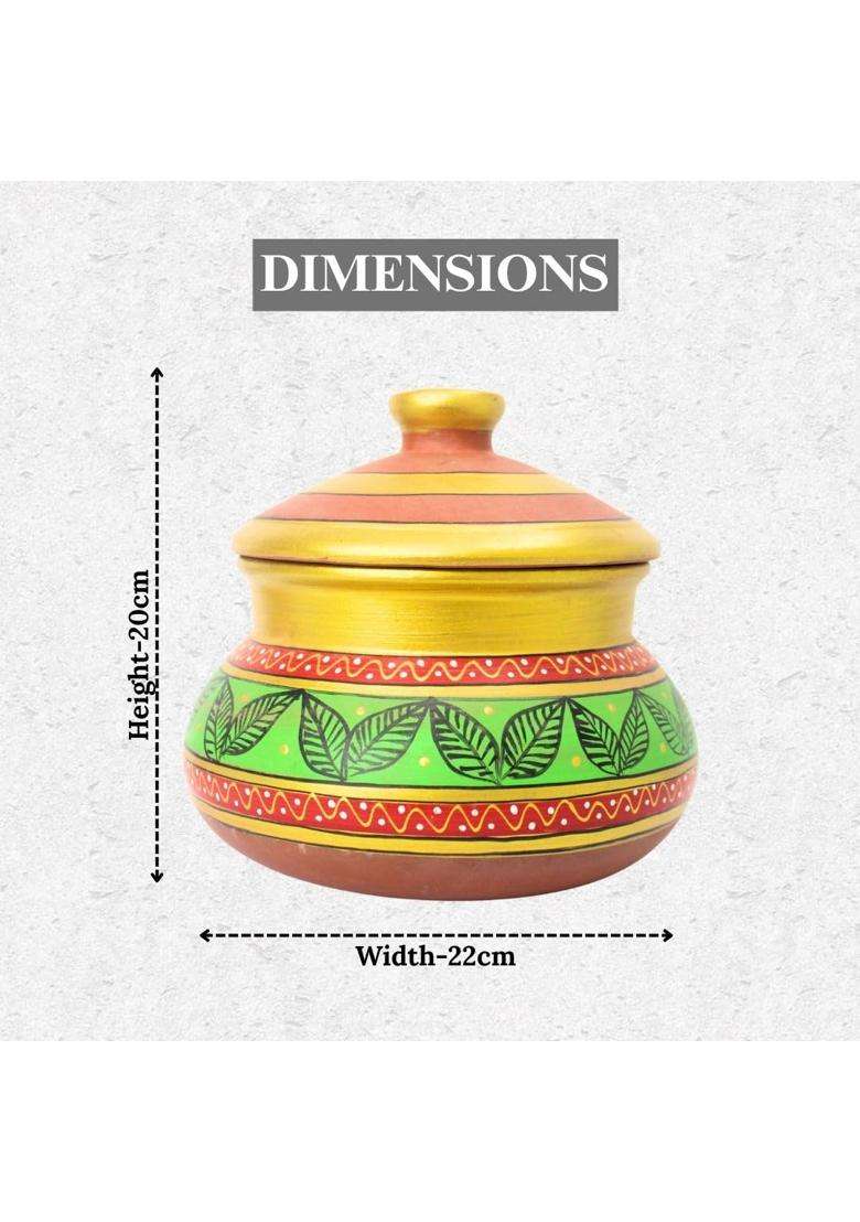 Terra Charms Green Clay Daal Handi with Painted Finish | 2.5 L | 2.6 Qt | Handcrafted | With Lid - Indya