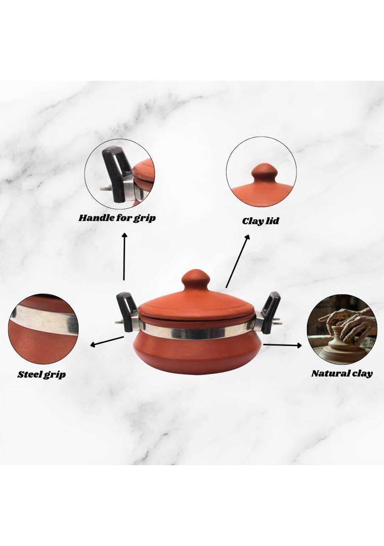 Terra Charms ClayHerb Daal Handi Cooking Pot with Glass Lid | 1.5 L | 1.6 Qt - Indya