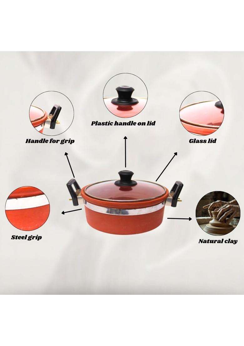 Terra Charms Clay Kadhai Wok Handmade Mitti Cooking Kadhai | 1.5 L | 1.6 Qt - Indya