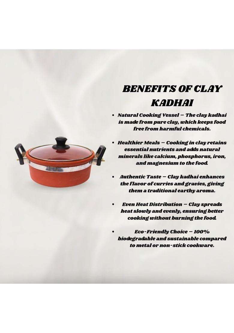 Terra Charms Clay Kadhai Wok Handmade Mitti Cooking Kadhai | 1.5 L | 1.6 Qt - Indya