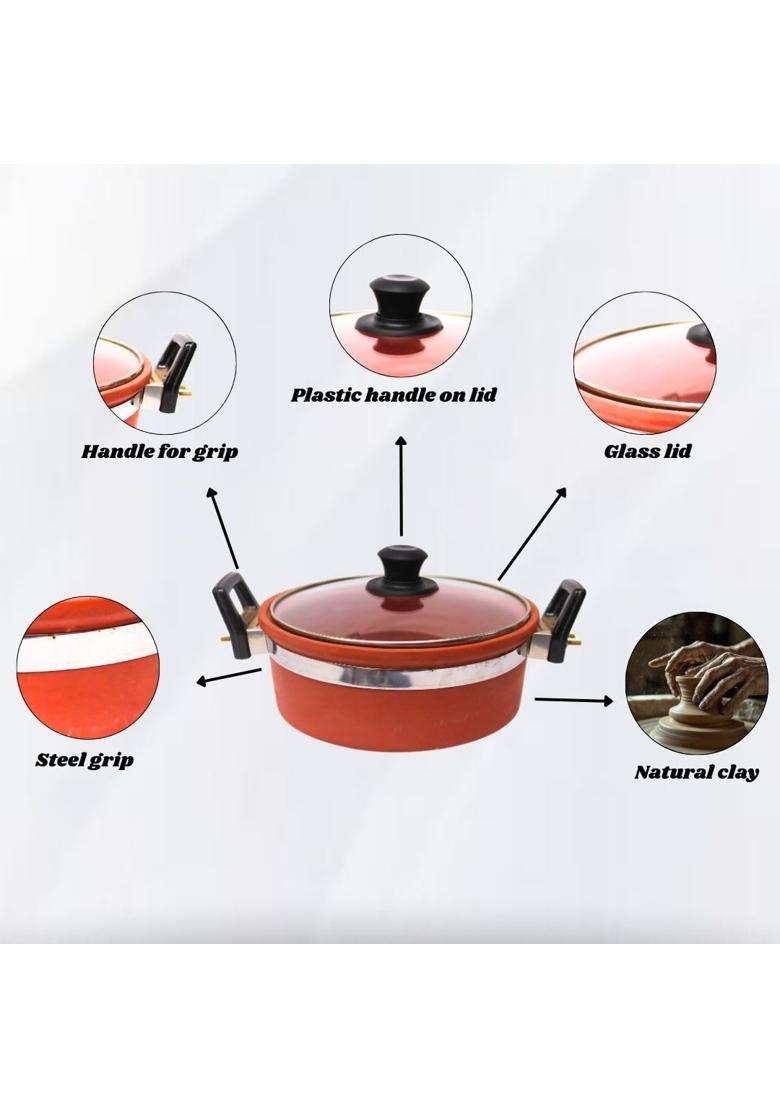 Terra Charms Clay Kadhai Wok | 1.5 L | 1.6 Qt | Handcrafted - Indya