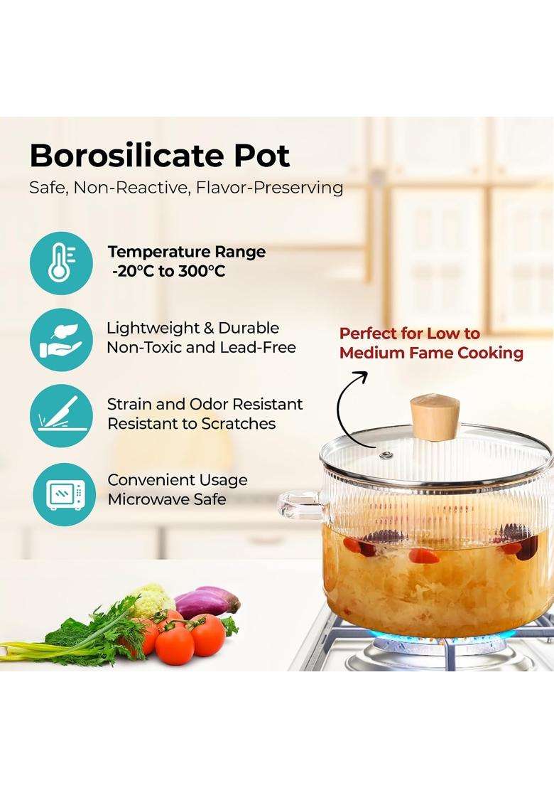 The Better Home Zeno Borosilicate Glass Cookware for Gas Stove | 1.45 L | 1.5 Qt | With Lid - Indya