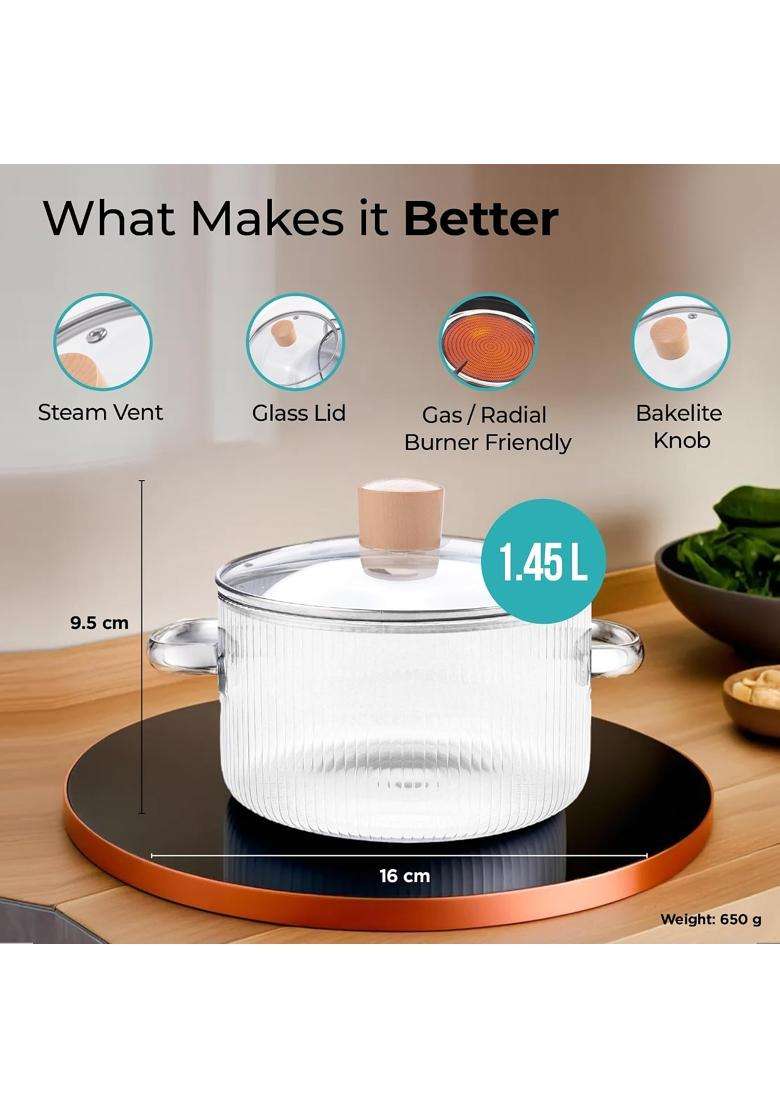 The Better Home Zeno Borosilicate Glass Cookware for Gas Stove | 1.45 L | 1.5 Qt | With Lid - Indya