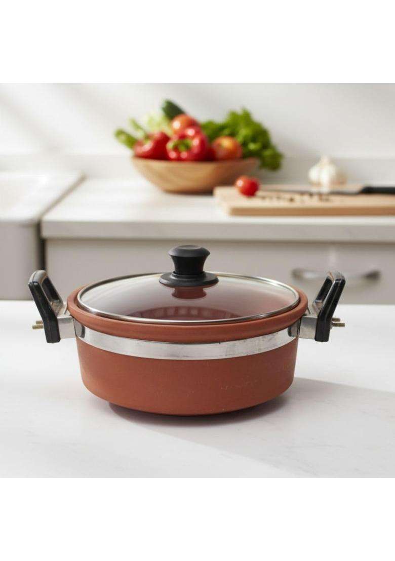 Terra Charms Clay Kadhai Wok with Glass Lid | 2.5 L | 2.6 Qt - Indya