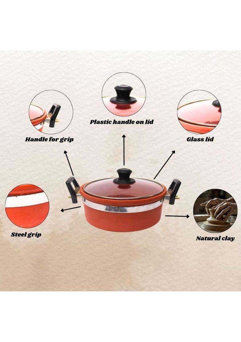 Terra Charms Clay Kadhai Wok with Glass Lid | 2.5 L | 2.6 Qt - Indya