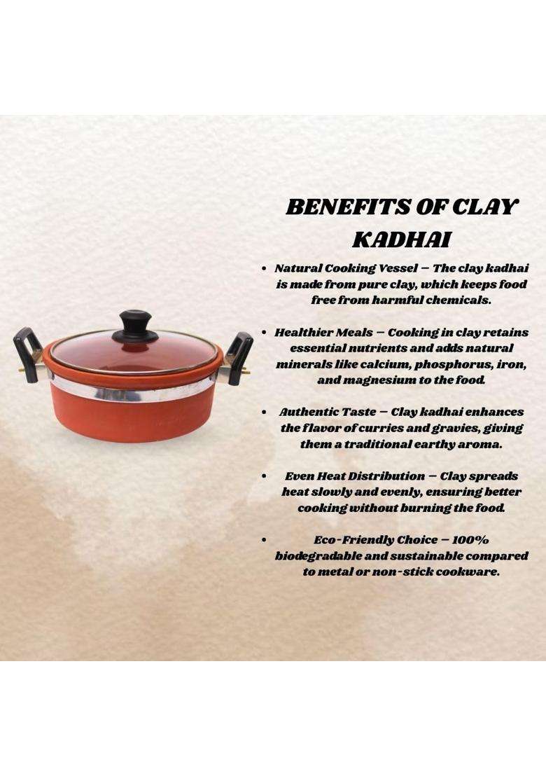 Terra Charms Clay Kadhai Wok with Glass Lid | 2.5 L | 2.6 Qt - Indya