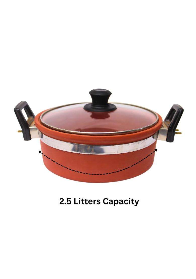 Terra Charms Heritage Clay Kadhai Wok with Glass Lid | 2.5 L | 2.6 Qt | Handcrafted - Indya