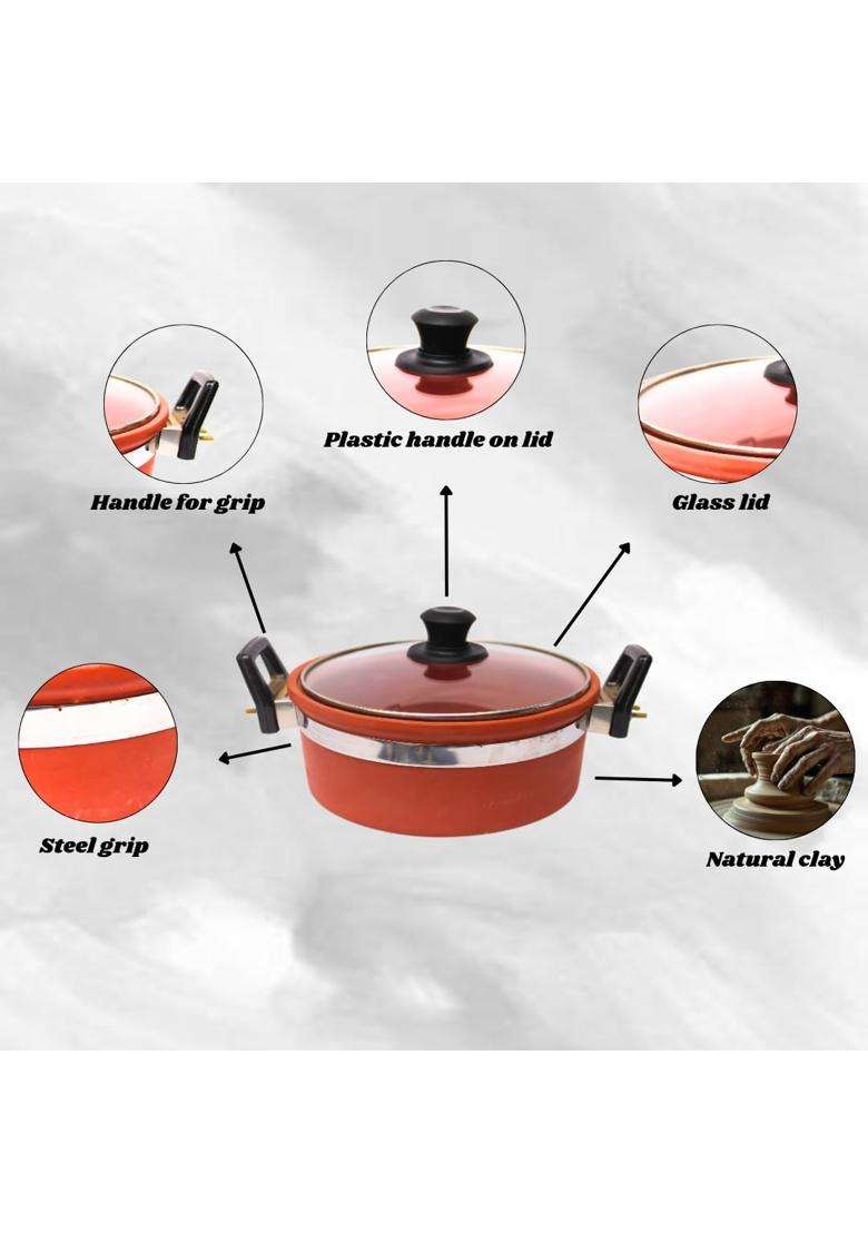 Terra Charms Heritage Clay Kadhai Wok with Glass Lid | 2.5 L | 2.6 Qt | Handcrafted - Indya