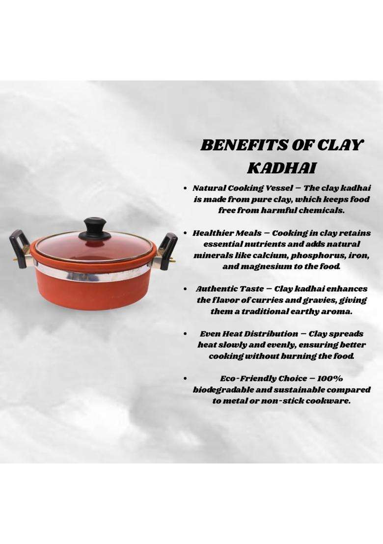 Terra Charms Heritage Clay Kadhai Wok with Glass Lid | 2.5 L | 2.6 Qt | Handcrafted - Indya