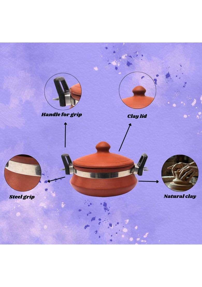 Terra Charms ClayTone Clay Daal Handi Cooking Pot with Glass Lid | 1.5 L | 1.6 Qt | Non-Toxic - Indya