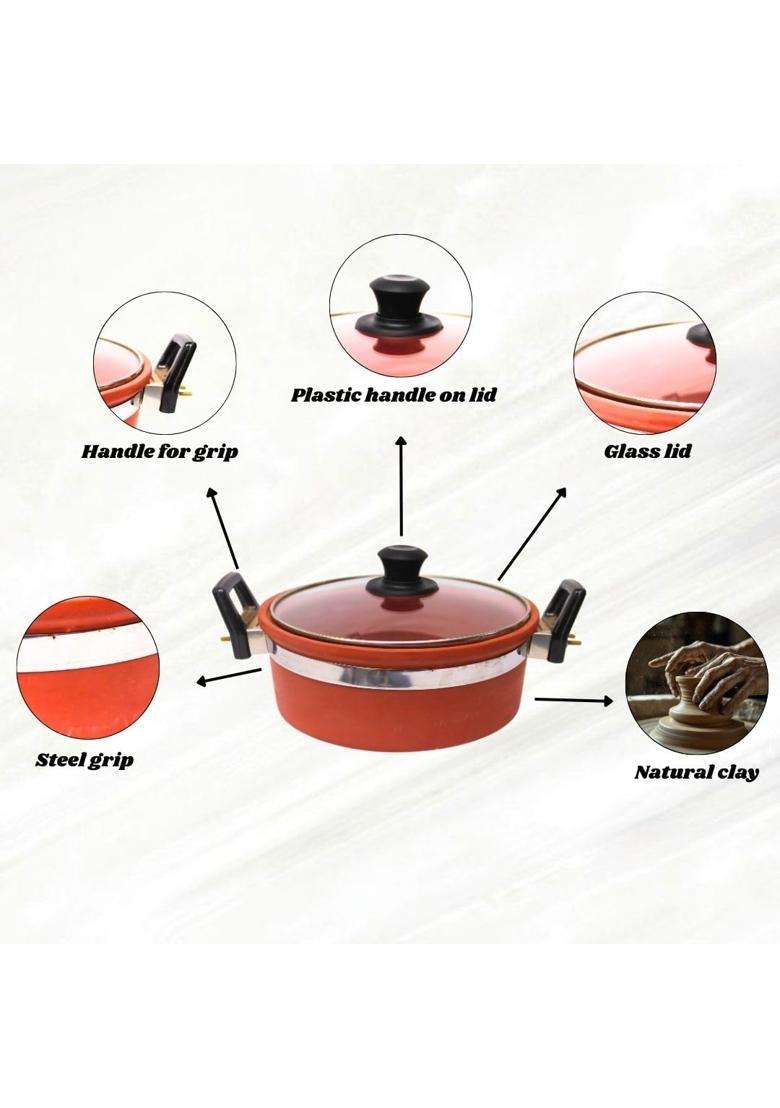 Terra Charms Clay Kadhai Wok with Glass Lid | 2.5 L | 2.6 Qt | Handcrafted - Indya