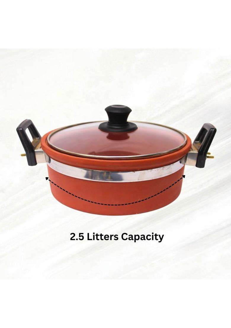 Terra Charms Clay Kadhai Wok with Glass Lid | 2.5 L | 2.6 Qt | Handcrafted - Indya