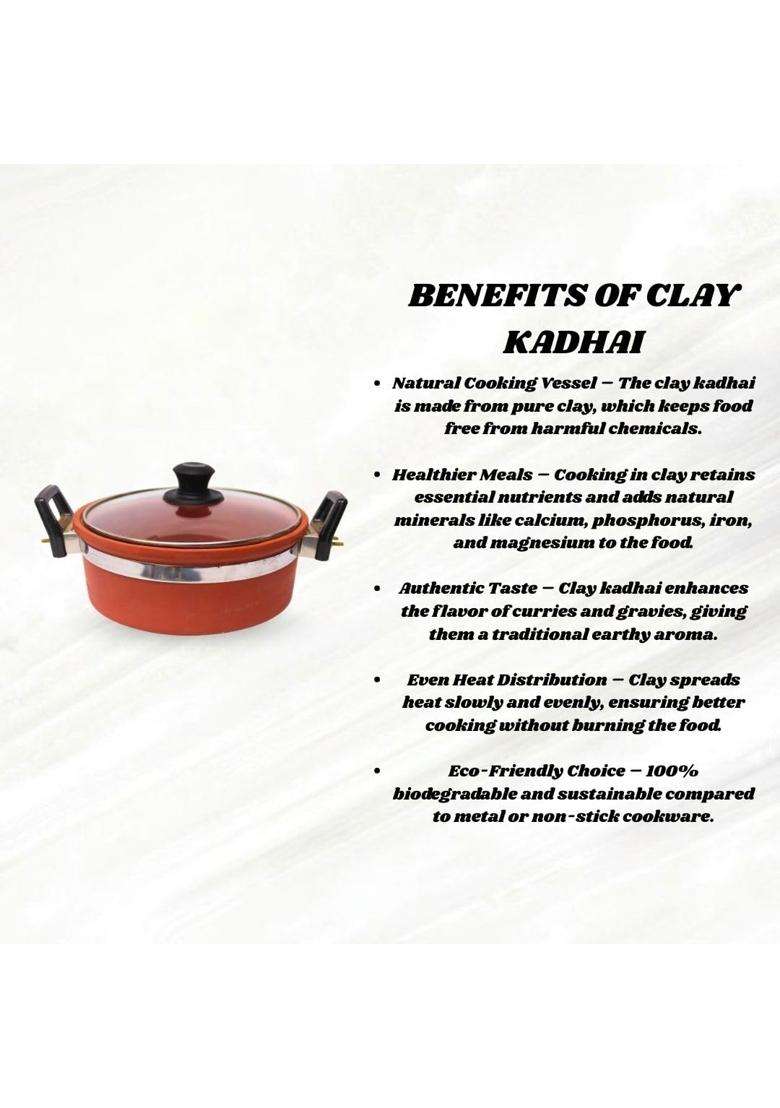 Terra Charms Clay Kadhai Wok with Glass Lid | 2.5 L | 2.6 Qt | Handcrafted - Indya