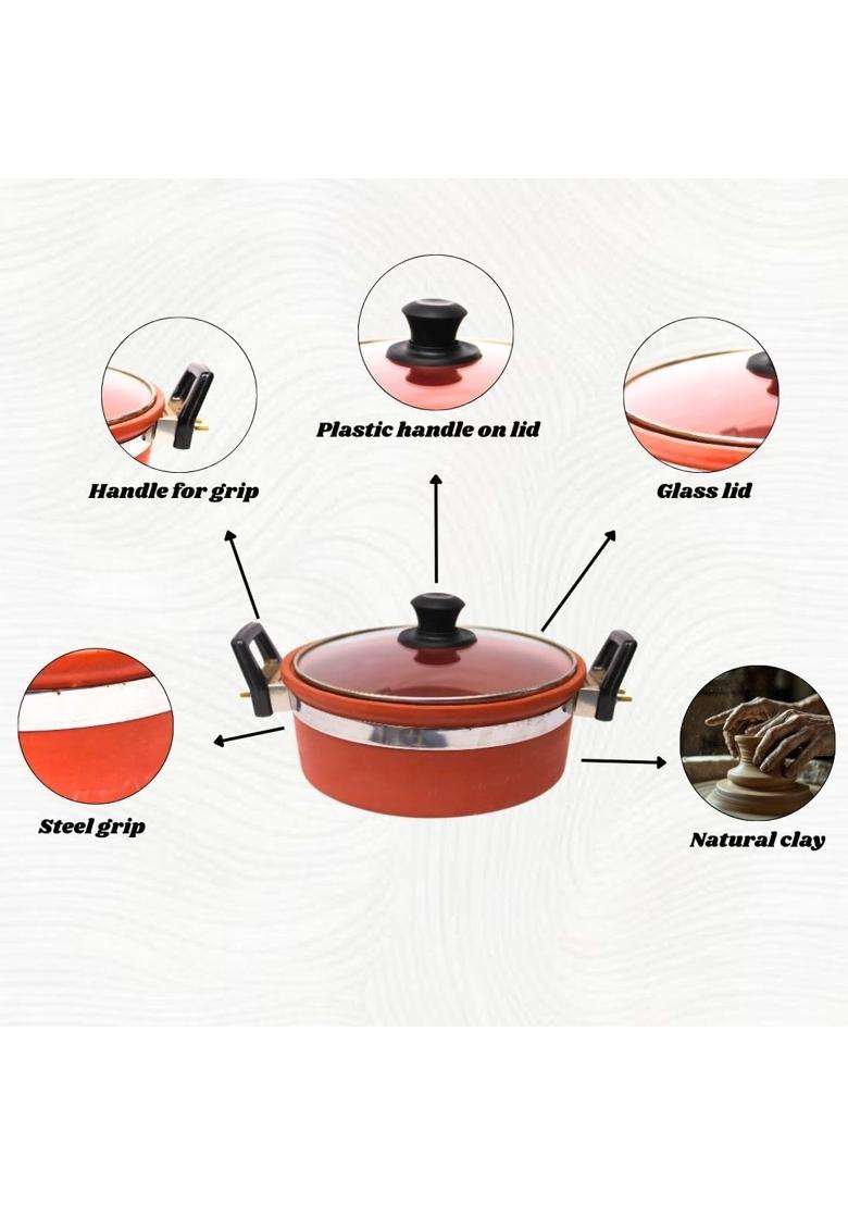 Terra Charms Clay Kadhai Wok with Glass Lid Natural Mitti Cooking Pot | 2.5 L | 2.6 Qt | Handcrafted - Indya