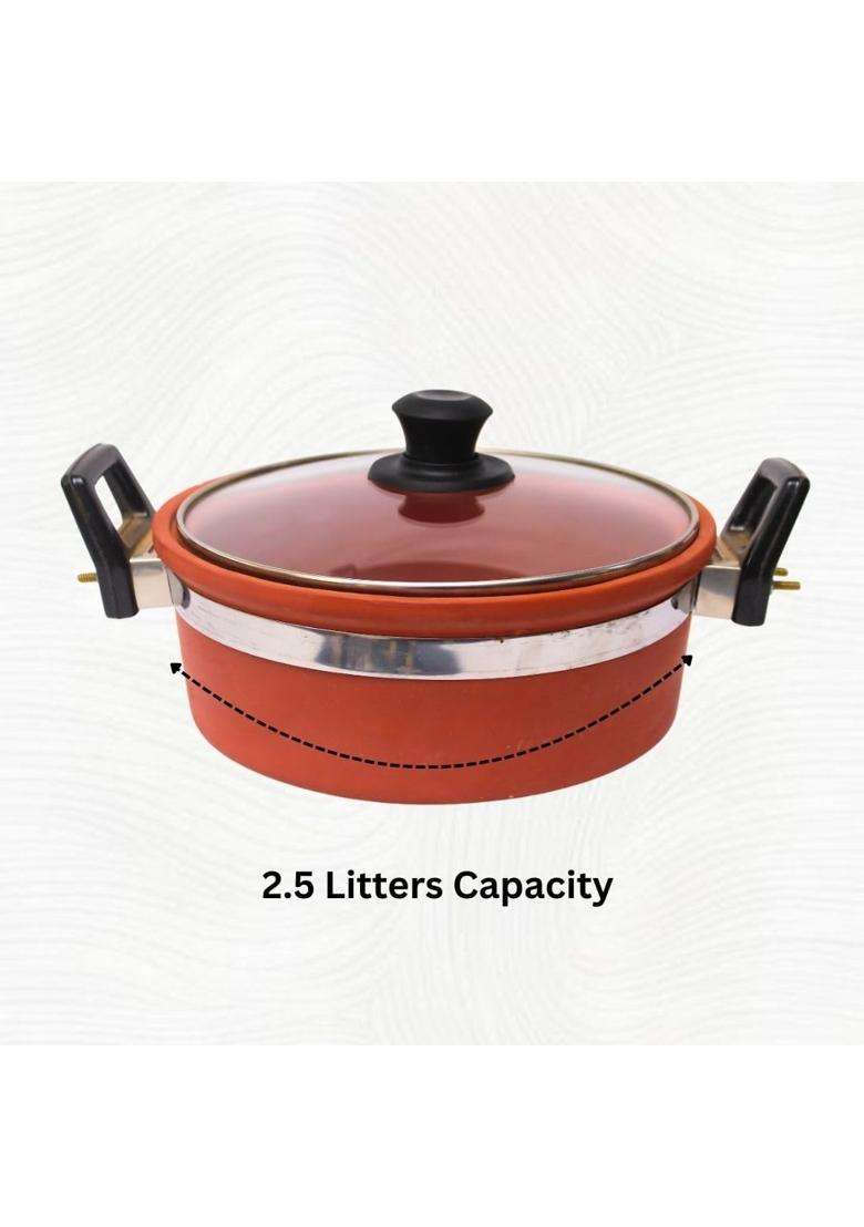 Terra Charms Clay Kadhai Wok with Glass Lid Natural Mitti Cooking Pot | 2.5 L | 2.6 Qt | Handcrafted - Indya