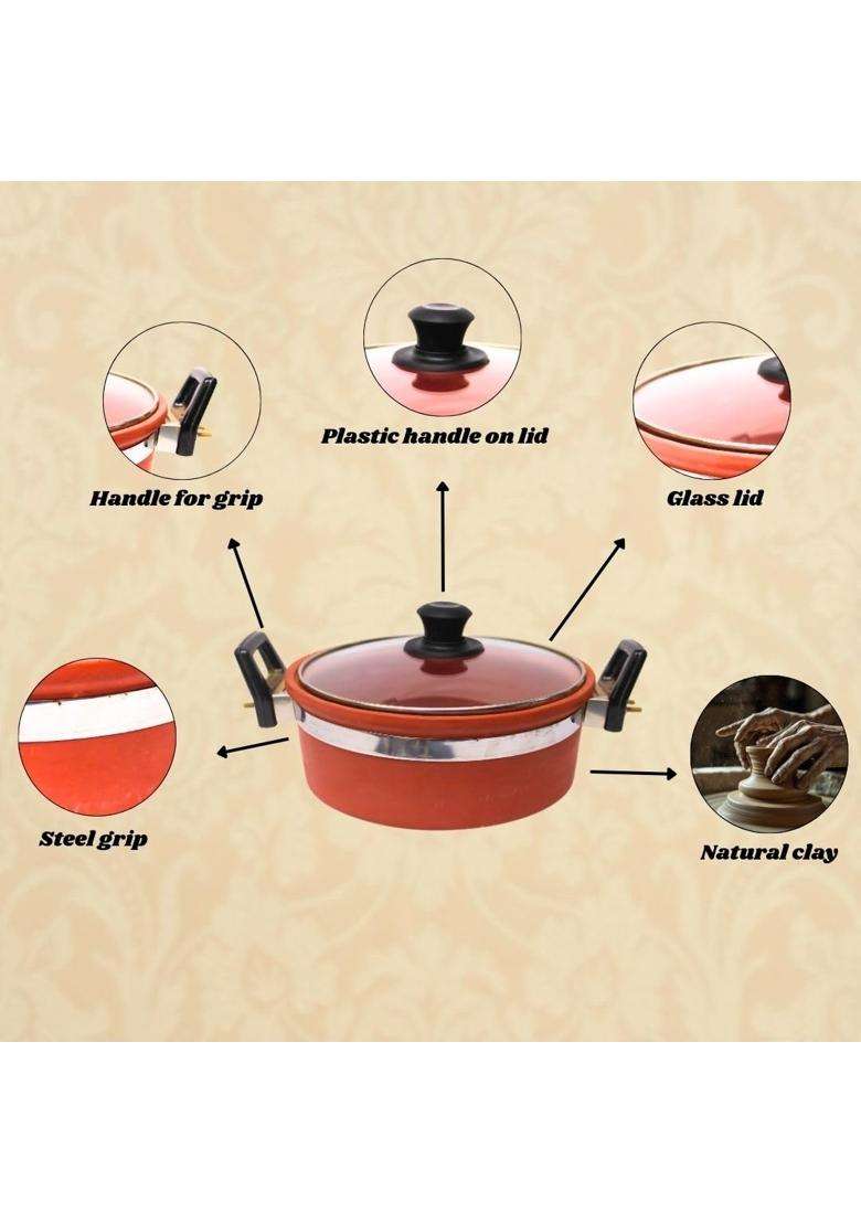 Terra Charms Clay Kadhai Wok with Glass Lid Natural Mitti Cooking Pot | 2.5 L | 2.6 Qt | Handcrafted - Indya