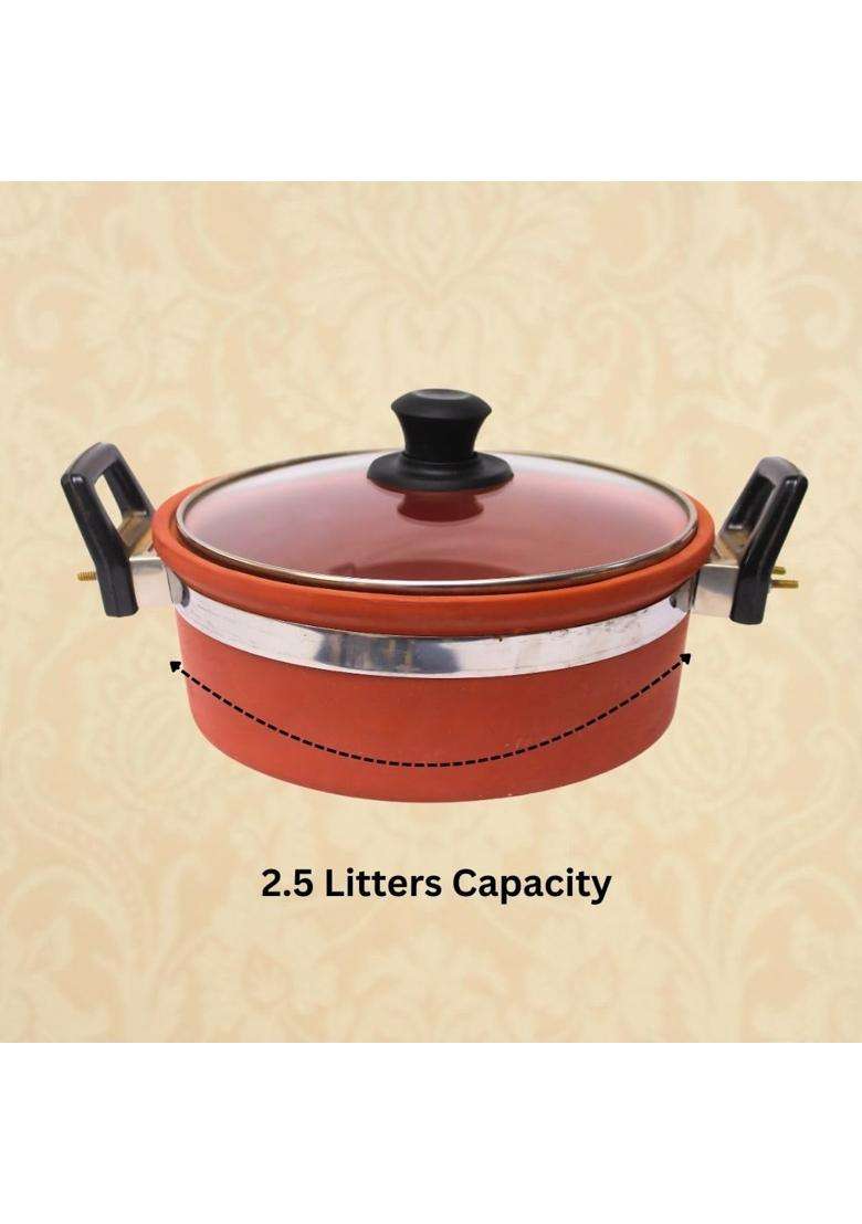 Terra Charms Clay Kadhai Wok with Glass Lid Natural Mitti Cooking Pot | 2.5 L | 2.6 Qt | Handcrafted - Indya