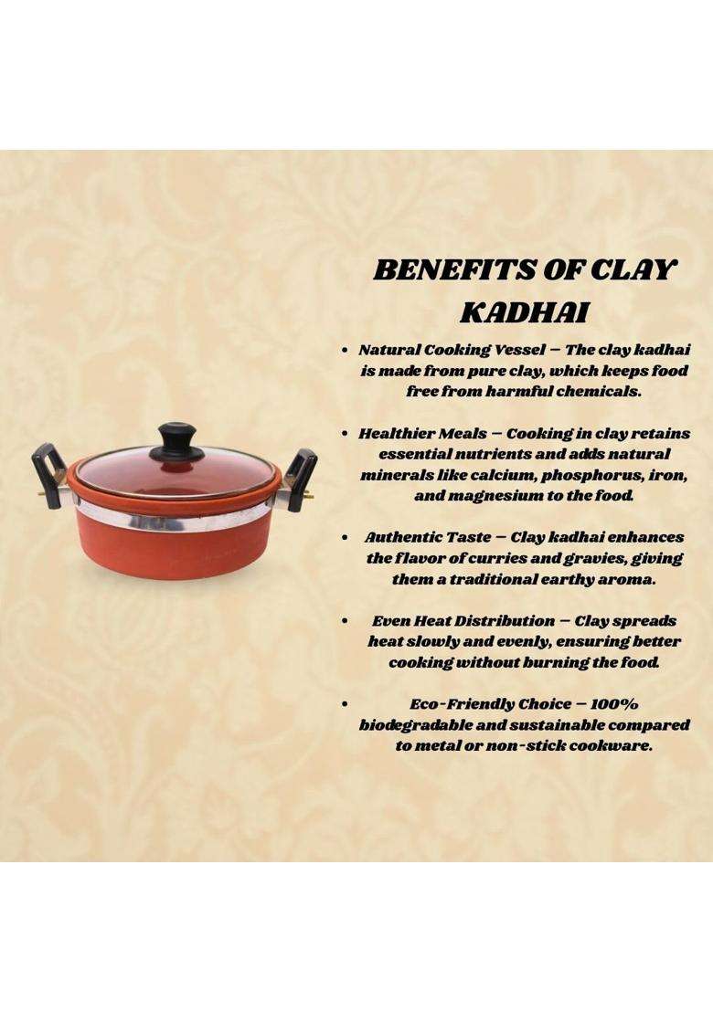 Terra Charms Clay Kadhai Wok with Glass Lid Natural Mitti Cooking Pot | 2.5 L | 2.6 Qt | Handcrafted - Indya