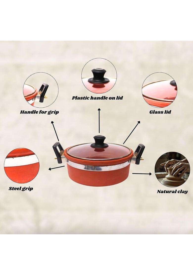 Terra Charms Clay Kadhai Wok Handmade Mitti Kadhai for Sabzi | 1.5 L | 1.6 Qt - Indya