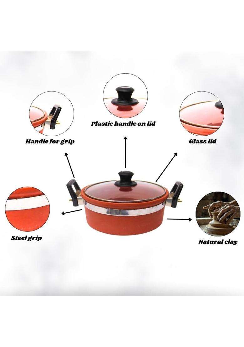 Terra Charms Clay Kadhai Wok Handmade Mitti Kadhai for Curry | 1.5 L | 1.6 Qt - Indya