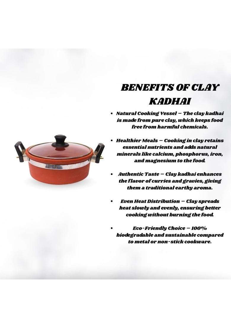 Terra Charms Clay Kadhai Wok Handmade Mitti Kadhai for Curry | 1.5 L | 1.6 Qt - Indya