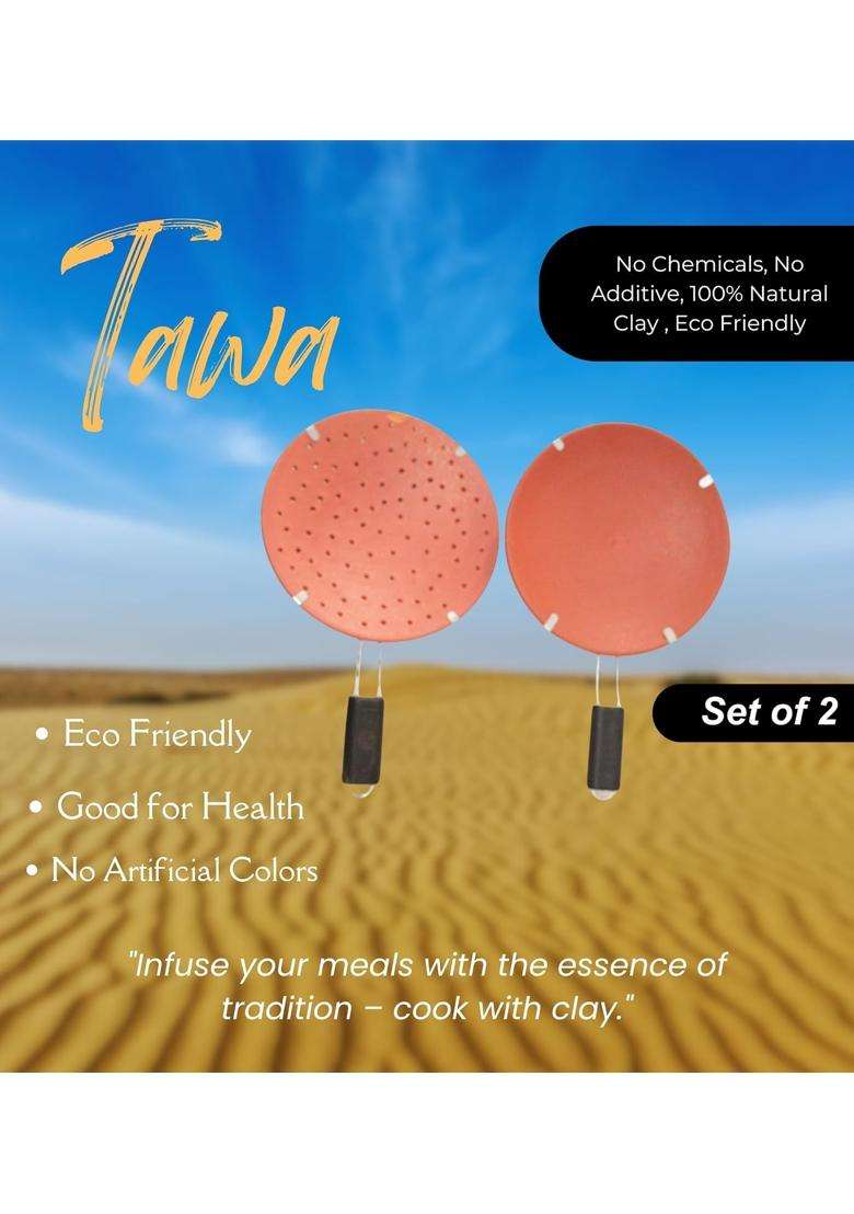 Terra Charms Mitti Terracotta Clay Roti Tawa Flat Griddle Combo Set with Stand | 10 Inch | Pack of 2 | Handcrafted - Indya