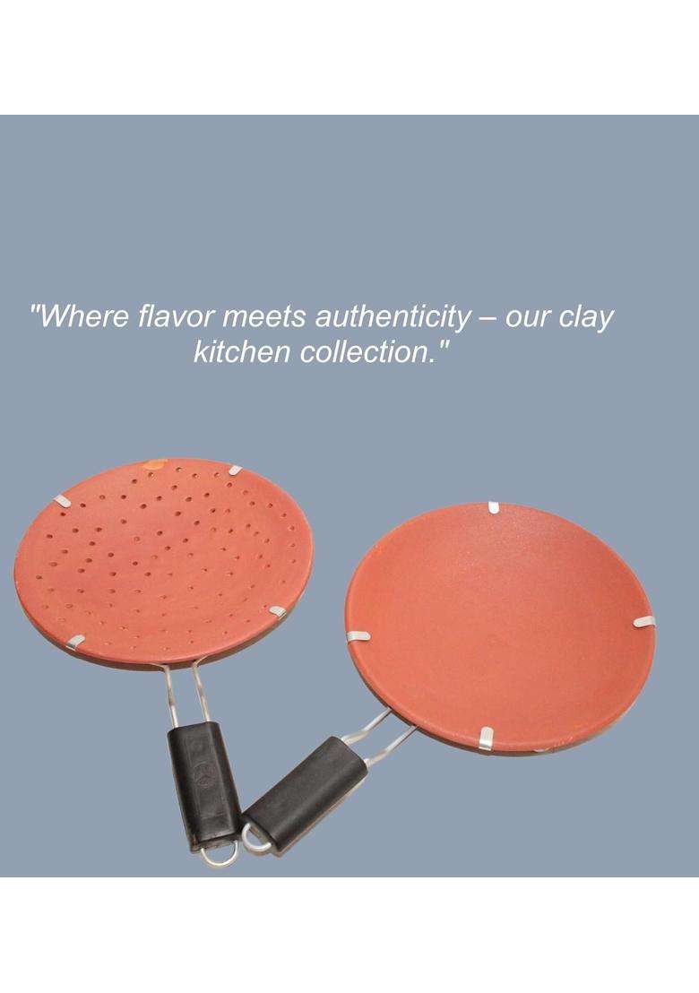 Terra Charms Mitti Terracotta Clay Roti Tawa Flat Griddle Combo Set with Stand | 10 Inch | Pack of 2 | Handcrafted - Indya