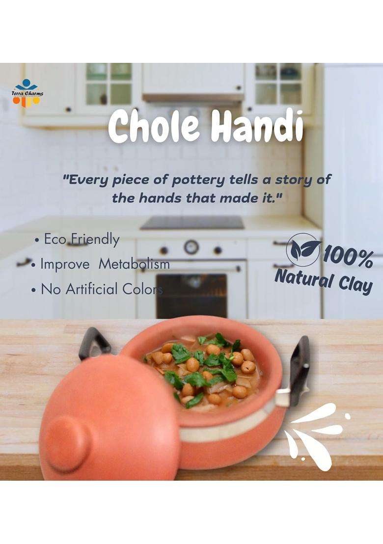 Terra Charms Terracotta Organic Clay Handi Cooking Pot for Chole Cooking and Serving | 2.5 L | 2.6 Qt - Indya